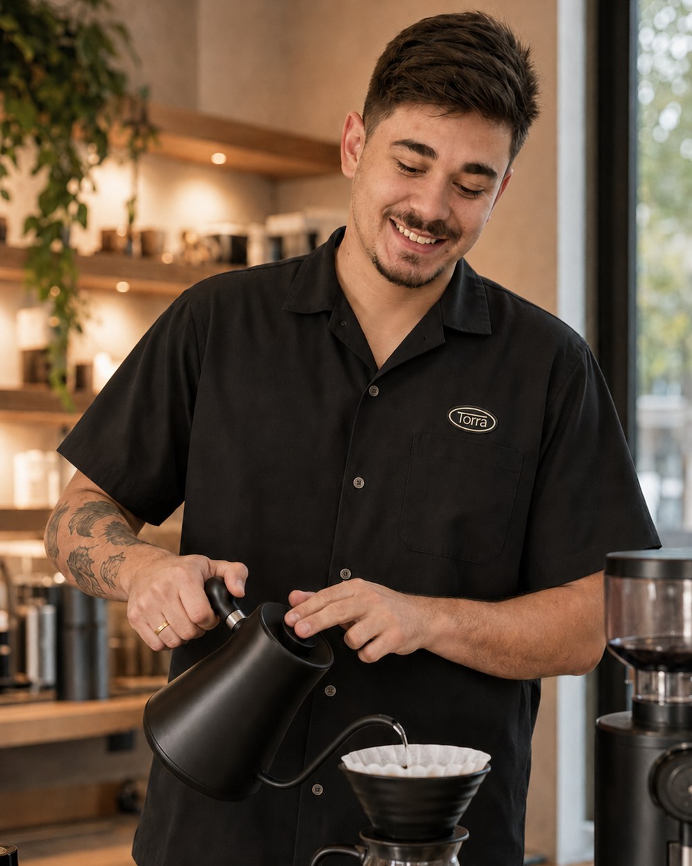 Leonardo Domingues preparando um café coado, de camisa preta da Torra