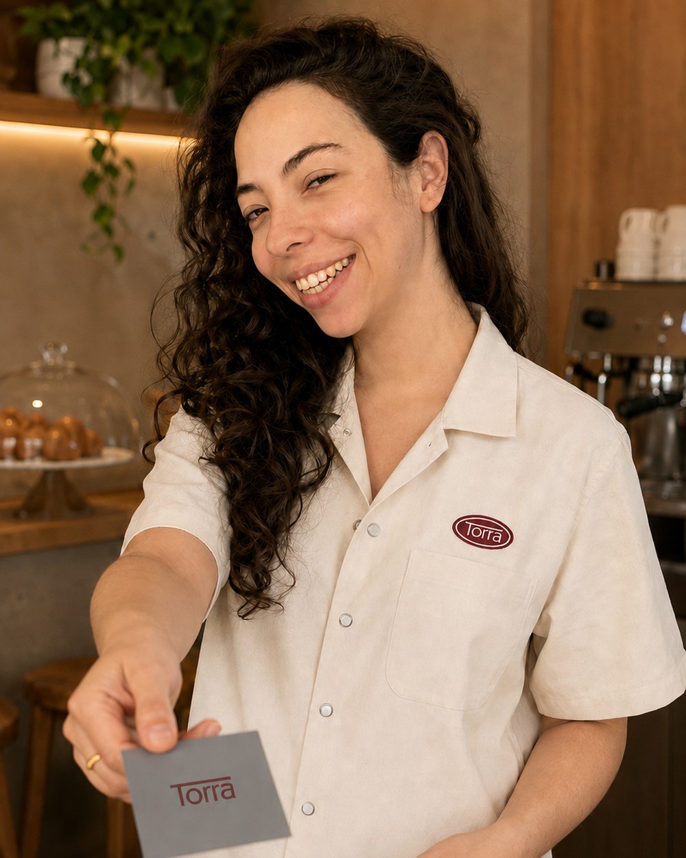 Luiza Liberato atendendo no balcão da Torra, de camisa creme da marca